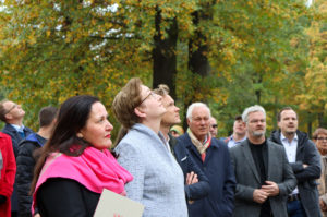 Ministerin Manja Schüle und Bundesministerin Klara Geywitz betrachten geschwächte Eichenbäume im Branitzer Park