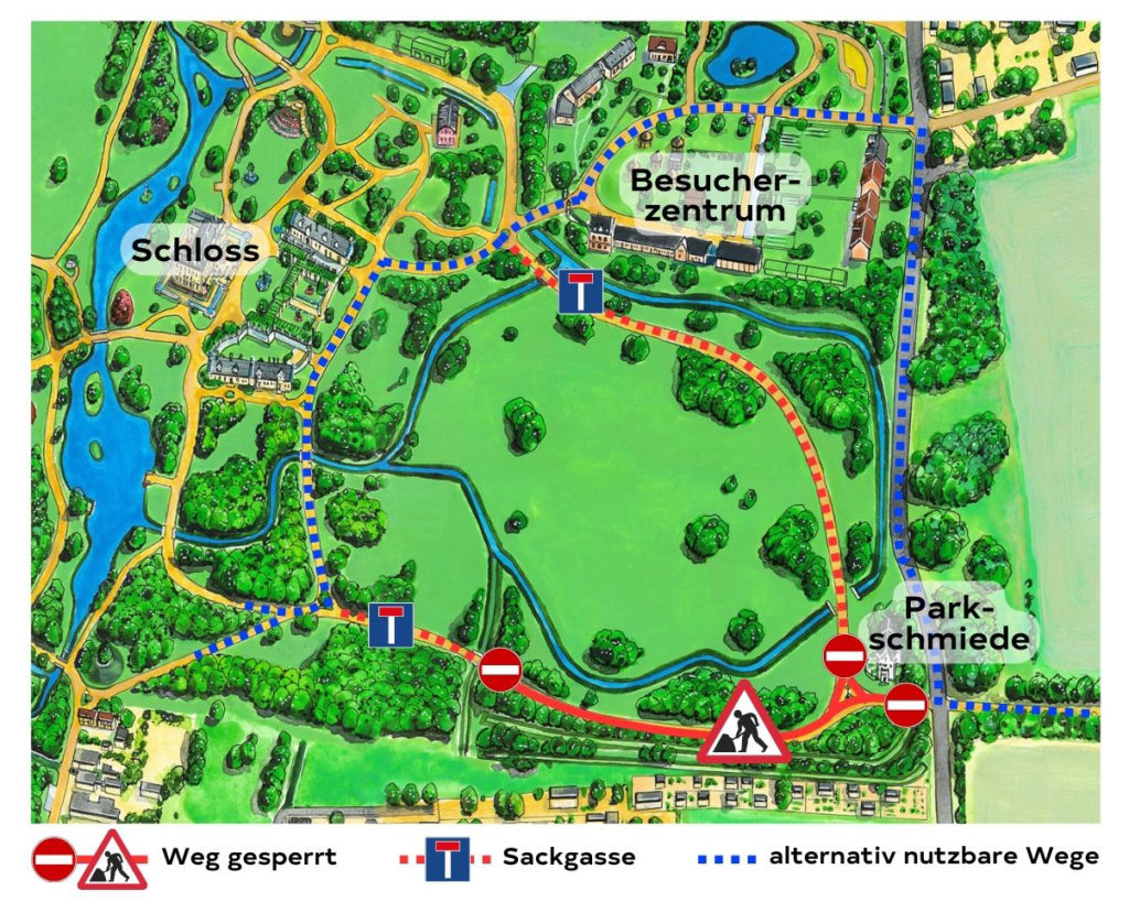 Eine Karte vom Branitzer Park, die markiert, welche Wege wegen Wegebauarbeiten gesperrt sind