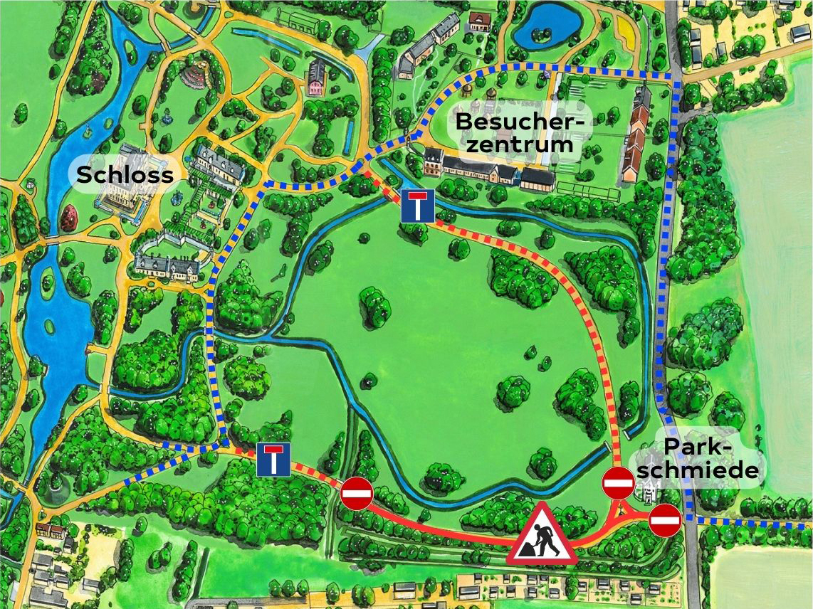 Eine Karte vom Branitzer Park, die markiert, welche Wege wegen Wegebauarbeiten gesperrt sind