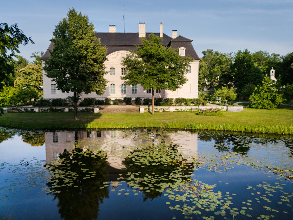 Schlosssee mit Teichrosenblättern. Dahinter Schloss Branitz mit Schlossterrasse.