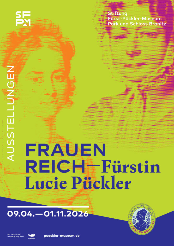 Ausstellungsplakat mit dem Porträt der jungen und älteren Fürstin Lucie Pückler