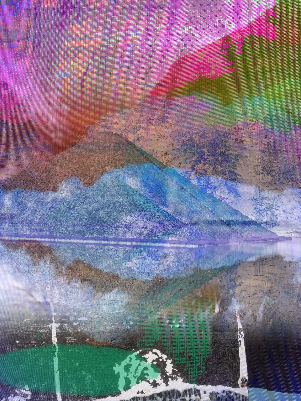 Abstraktes buntes Bild, in dem eine Fotografie von der Seepyramide von einer Malschicht überlagert wurde