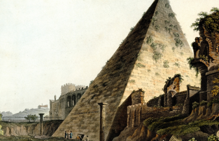 Kolorierte Grafik von Matthew Dubour einer Cestius-Pyramide in Rom, 1820